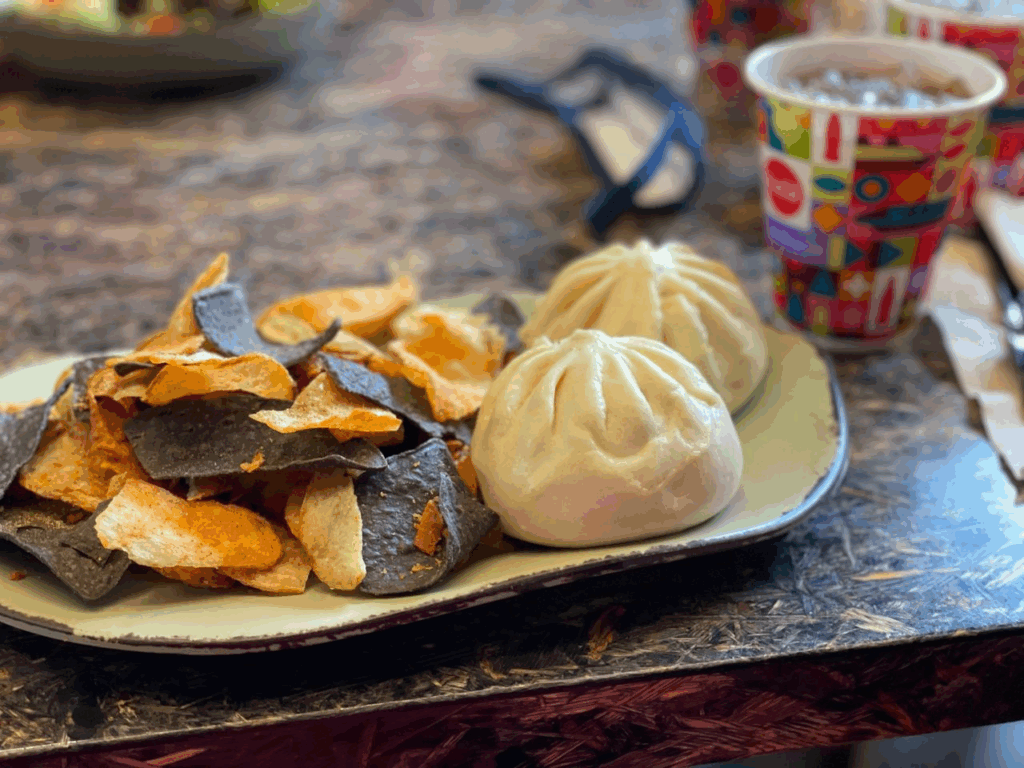 Cheeseburger Steamed Pods-Bao Bun: Adult portion with vegetable chips $13.29