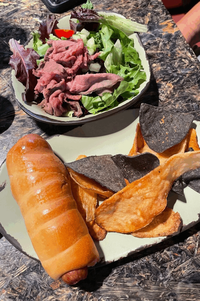 The "Teylu" Hot Dog wrapped in Dough $7.59 and the kids Beef Bowl over salad with Creamy Herb Dressing $8.99