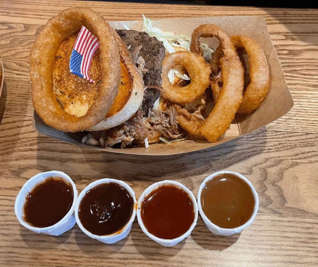 Edward's favorite, the BBQ Burger with onion rings. He also likes to sample all the sauces. $14.79