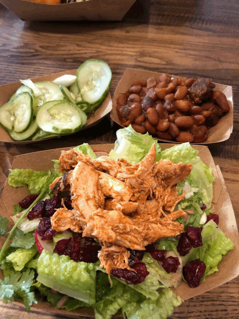 My favorite, the kids Chicken Salad with baked beans and house-made pickles. Plenty of food! $7.79